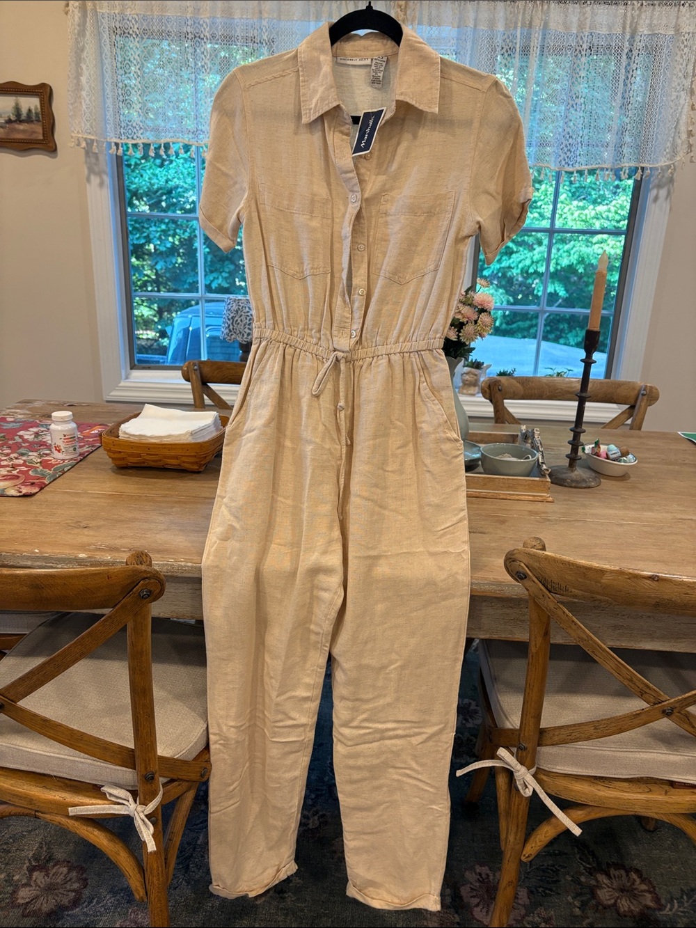 Sincerely Jules Light Beige Button-Front Jumpsuit with Drawstring Waist